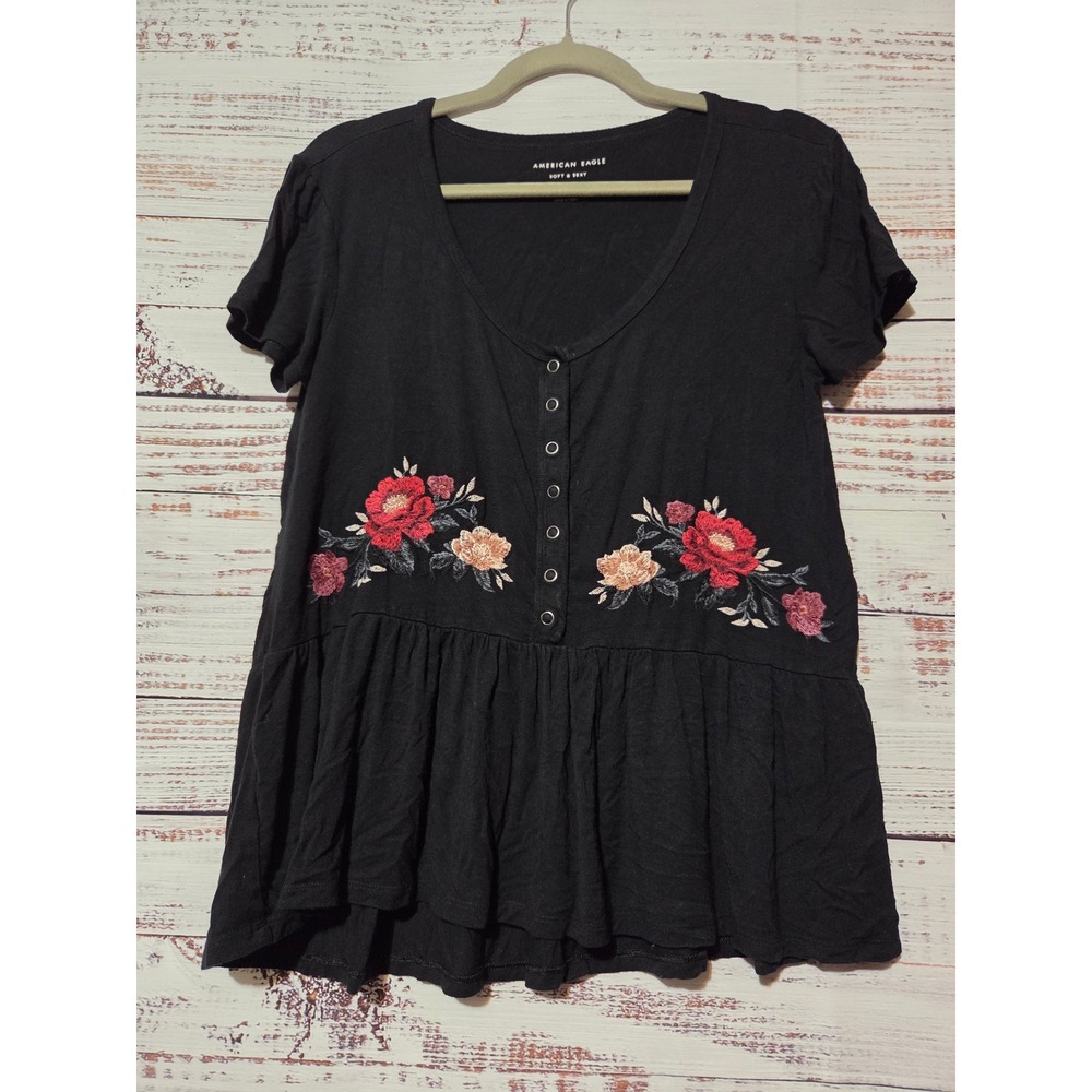American Eagle Soft & Sexy Black Floral Embroidered Babydoll Top Medium